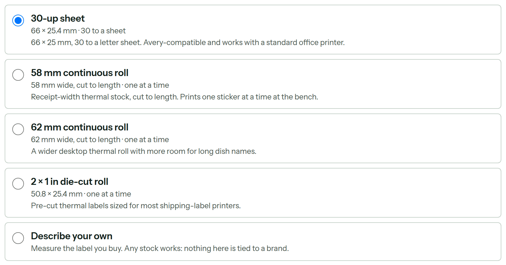 Label stock settings showing five measured sheet, roll, and custom stock choices.