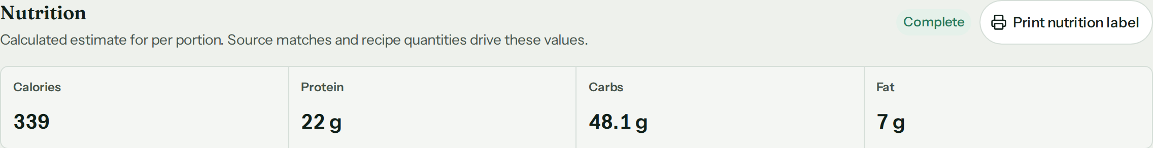 CostCook Nutrition summary for Chicken Burrito Bowl showing a complete per-portion result: 339 calories, 22 grams protein, 48.1 grams carbohydrate, and 7 grams fat.