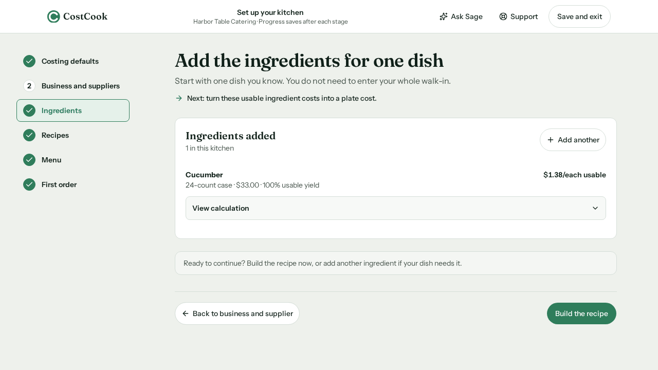 CostCook setup on the Ingredients stage. Progress saves after each stage, and Ask Sage is available in the setup header beside Support and Save and exit.