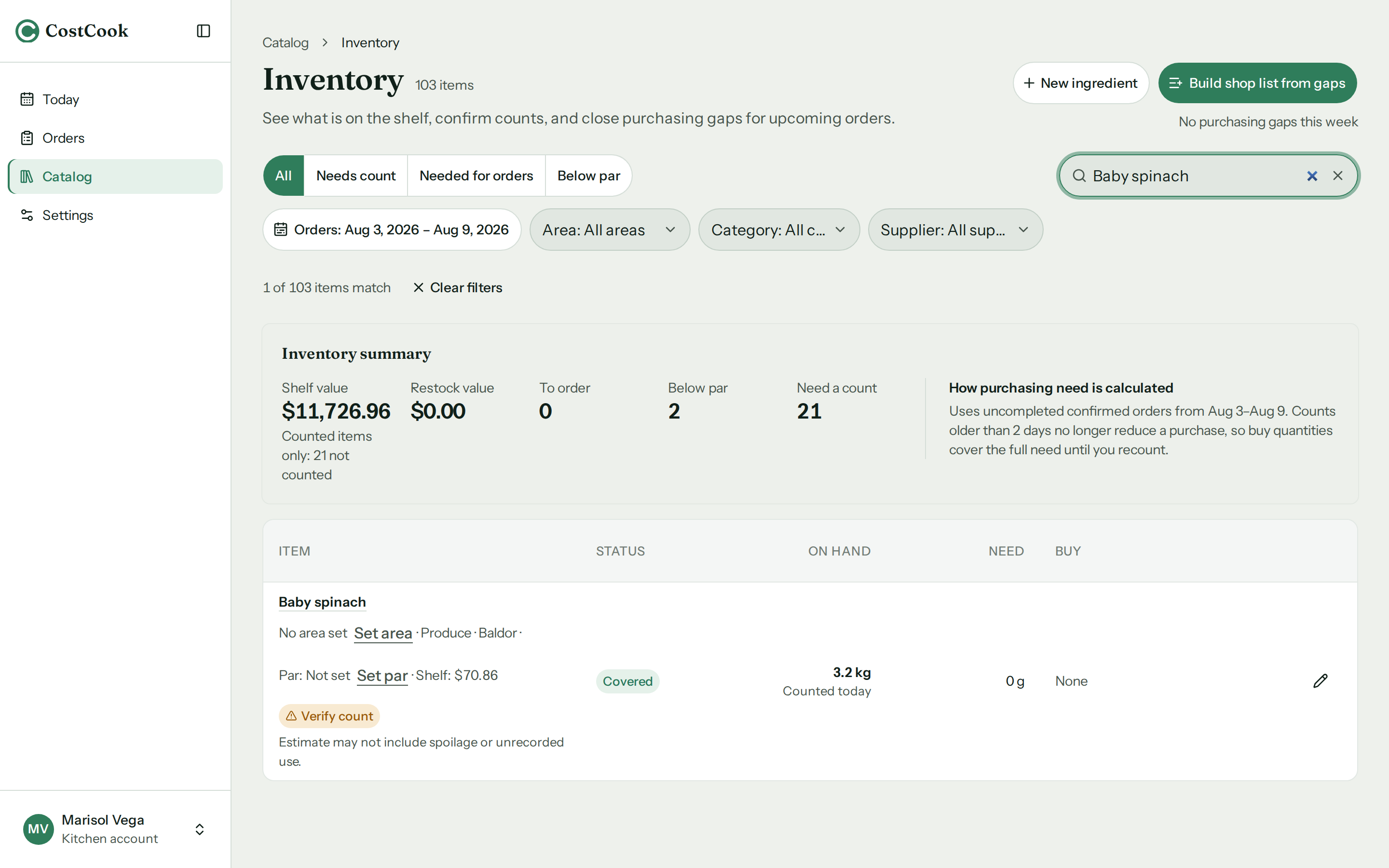 The CostCook inventory screen after receiving: shelf value and count summaries, and the received ingredient's row showing its on-hand quantity, counted today.