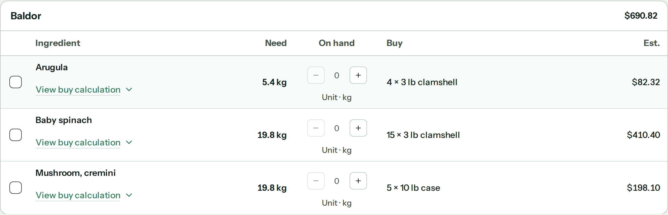 A CostCook shopping list grouped by supplier, showing each ingredient's need, on-hand amount, whole packs to buy, and supplier subtotal.